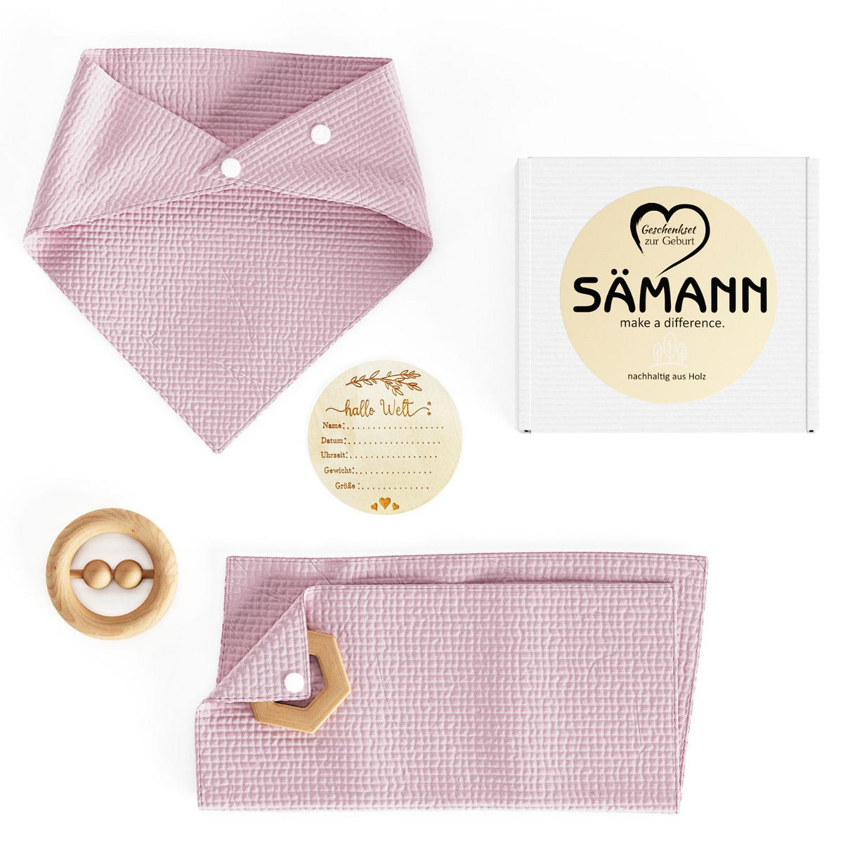 BABY Geschenkset 4-tlg. zur Geburt mit Halstuch, Rassel, Karte, Schmusetuch rosa - Rosa, Textil (10/10cm) - Sämann – make a difference.