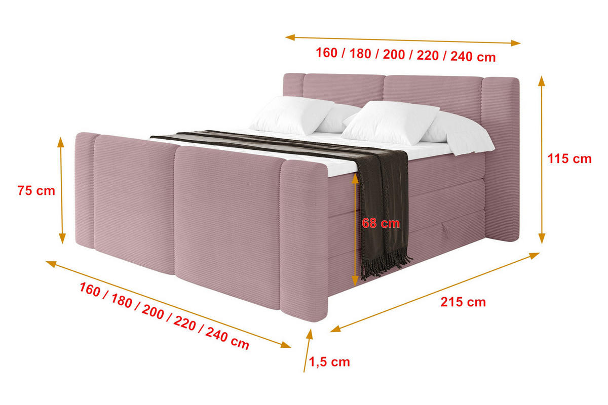 BOXSPRINGBETT mit Matratze H3/H4 - EVON KING Zanozek - 140x200 cm Rosa - Rosa, Holzwerkstoff (140/200cm) - ALTDECOR