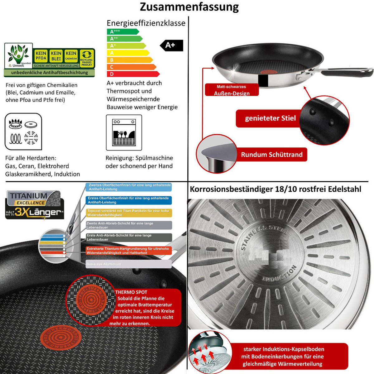 BRATPFANNE J90922 26 cm 3-tlg Edelstahl Antihaft Induktion Silber Set - Silberfarben/Schwarz, Kunststoff/Metall (26cm) - Tefal