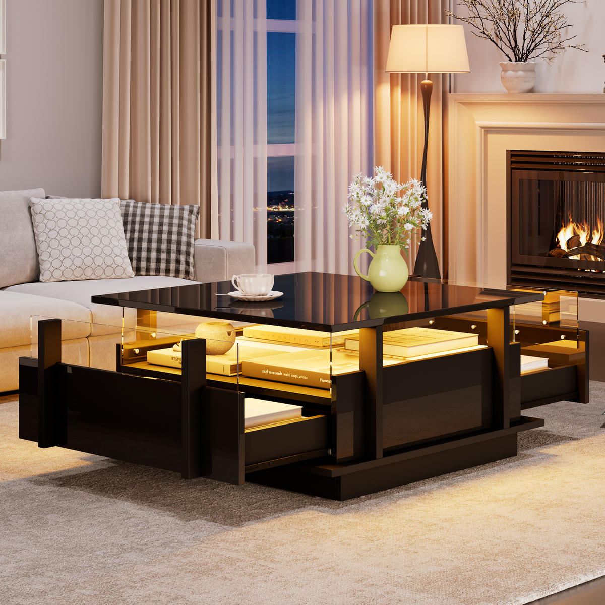 COUCHTISCH 70/70/35 cm Schwarz aus Holzwerkstoff mit LED-Beleuchtung und 2 Schubladen - Schwarz, Holzwerkstoff (70/70/35cm) - OKWISH