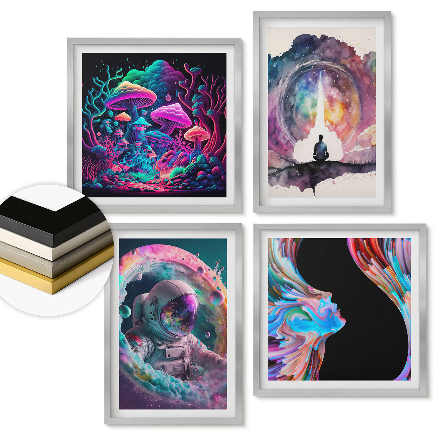 WANDBILDER 4er Set - 50x50 cm & 40x60 cm Silberner Rahmen - Farbenfrohe Fantasy-Kunstillustrationen - Silberfarben, Kunststoff (50/50cm) - ArtPrintCave