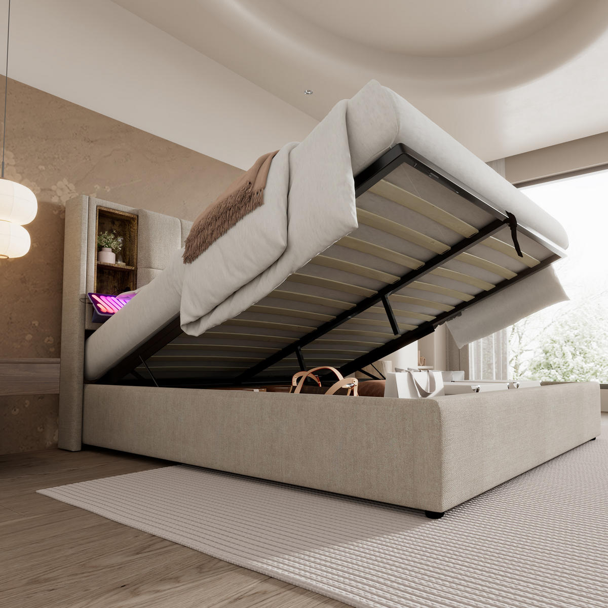 POLSTERBETT 140/200 cm Natur mit Kabelloses Laden und USB-Anschlüssen mit Matratze - Naturfarben, Textil (140/200cm) - OKWISH