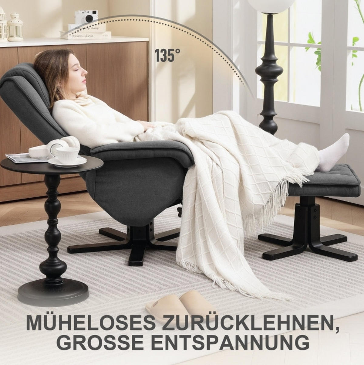 RELAXSESSELSET 67/87/96 cm in Dunkelgrau mit Hocker, Drehfunktion und Liegefunktion - Dunkelgrau, Textil (67/96/87cm) - Flora Grace