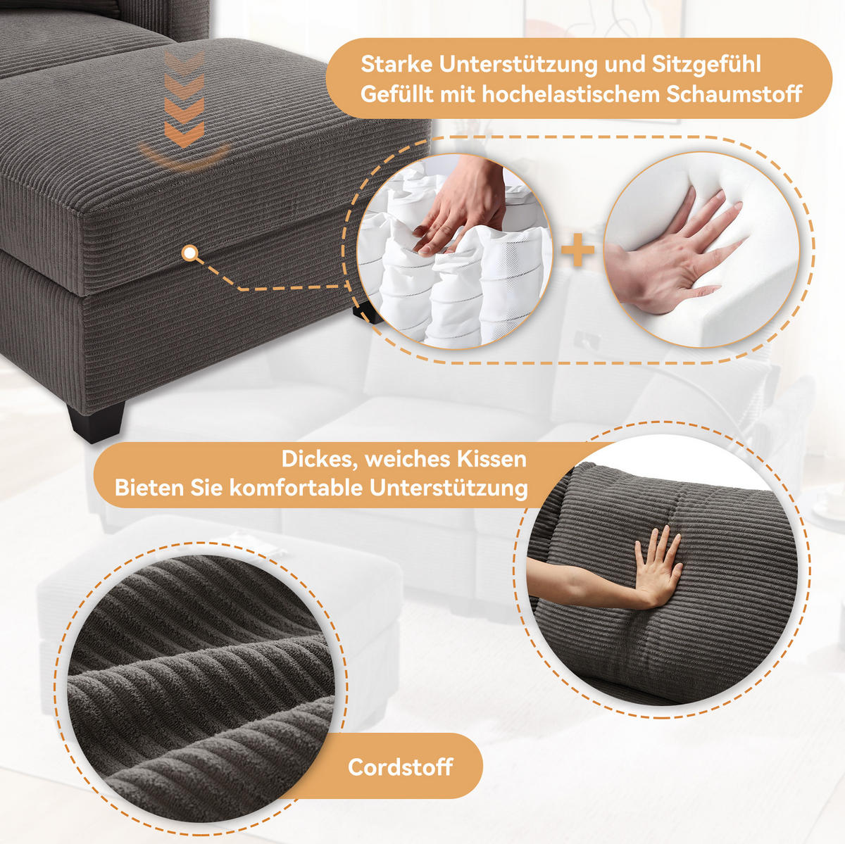 ECKSOFA 213,5/139/87 cm dunkelgrau aus Cord mit Hocker und USB - Dunkelgrau, Textil (139/213.5cm) - OKWISH