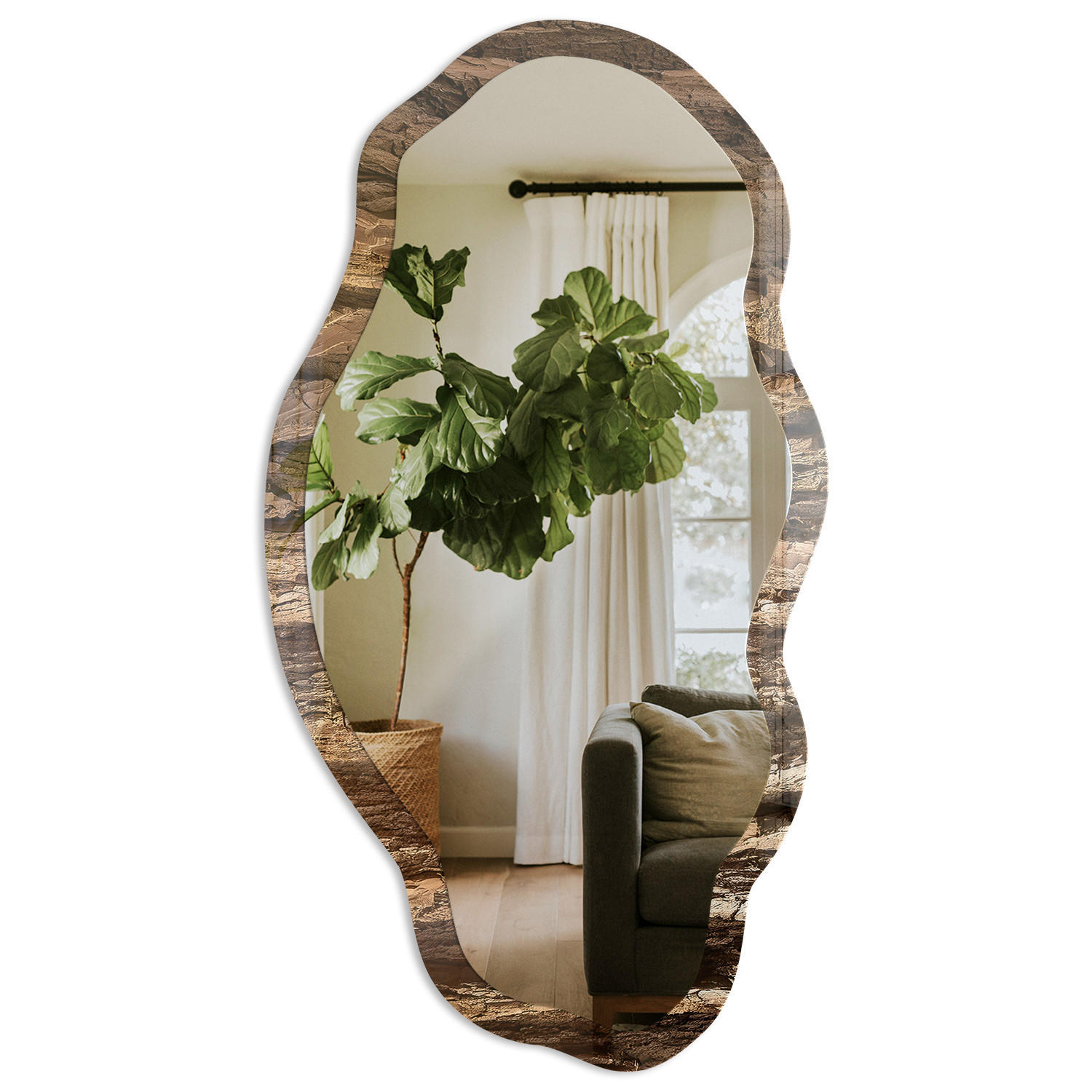 SPIEGEL 90x45 cm asymmetrisch mit Druck - Holzstruktur - Transparent, Glas (45/90/0.4cm) - TULUP