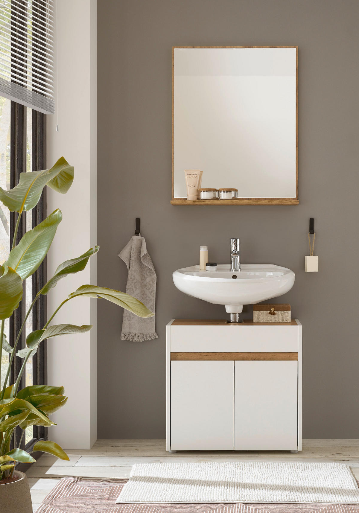 BADMÖBEL-SET 2-teilig weiß, Wotan Eiche, Badkombination 60 cm - Silberfarben/Eiche Wotan, Glas/Holz (61/200/34cm) - Furn.Design