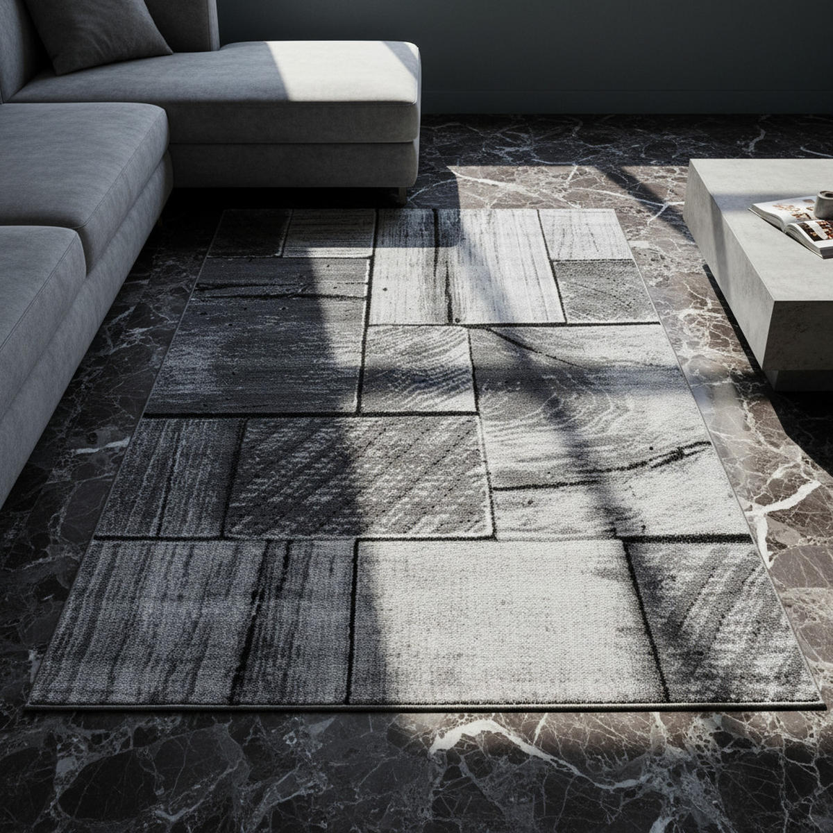 TEPPICH Handwäsche Kurzflor 3D-Holz Polypropylen Wohnzimmer Schwarz Rechteckig 120x170 - Grau, Textil (120/170cm) - KADIMA DESIGN