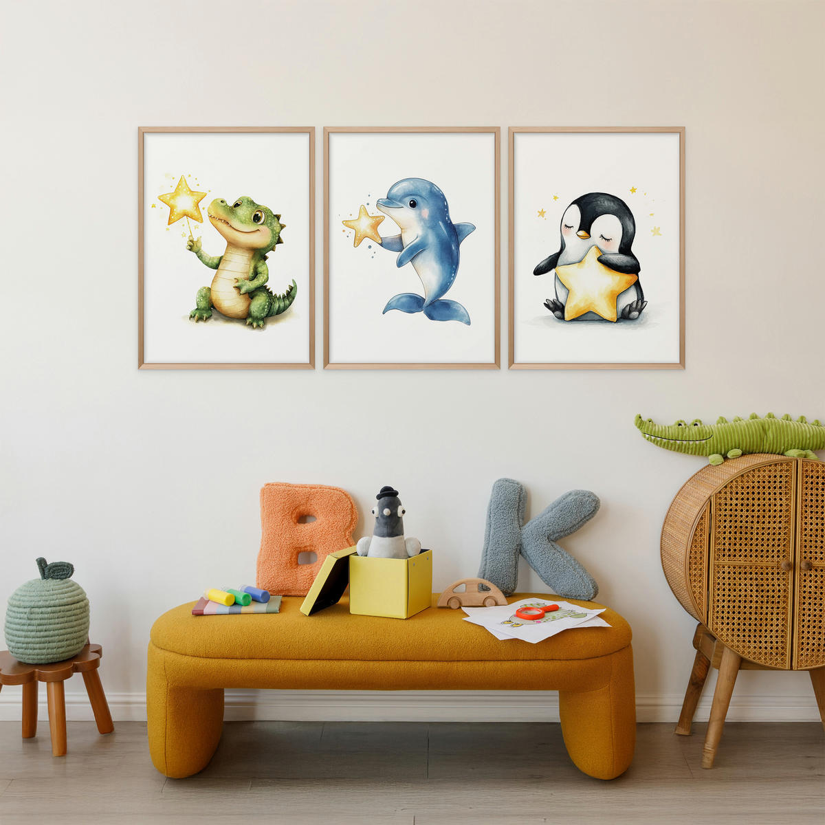 POSTER SET für Kinderzimmer TIERE Sterne Krokodil Delfin Pinguin A4 21x30cm - Gelb/Schwarz, Papier (21/30/1cm) - Muralo