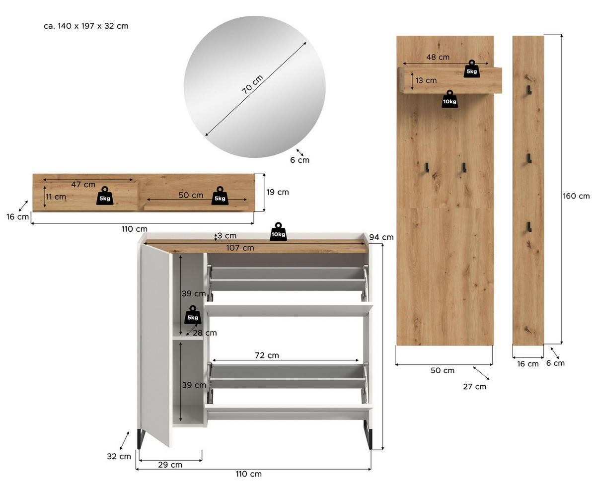 GARDEROBE Flow (B/H/T: ca. 236/197/32 cm) 5 tlg. in Weiß/weiß - Weiß, Holzwerkstoff (236/197/32cm) - Homes & Jones