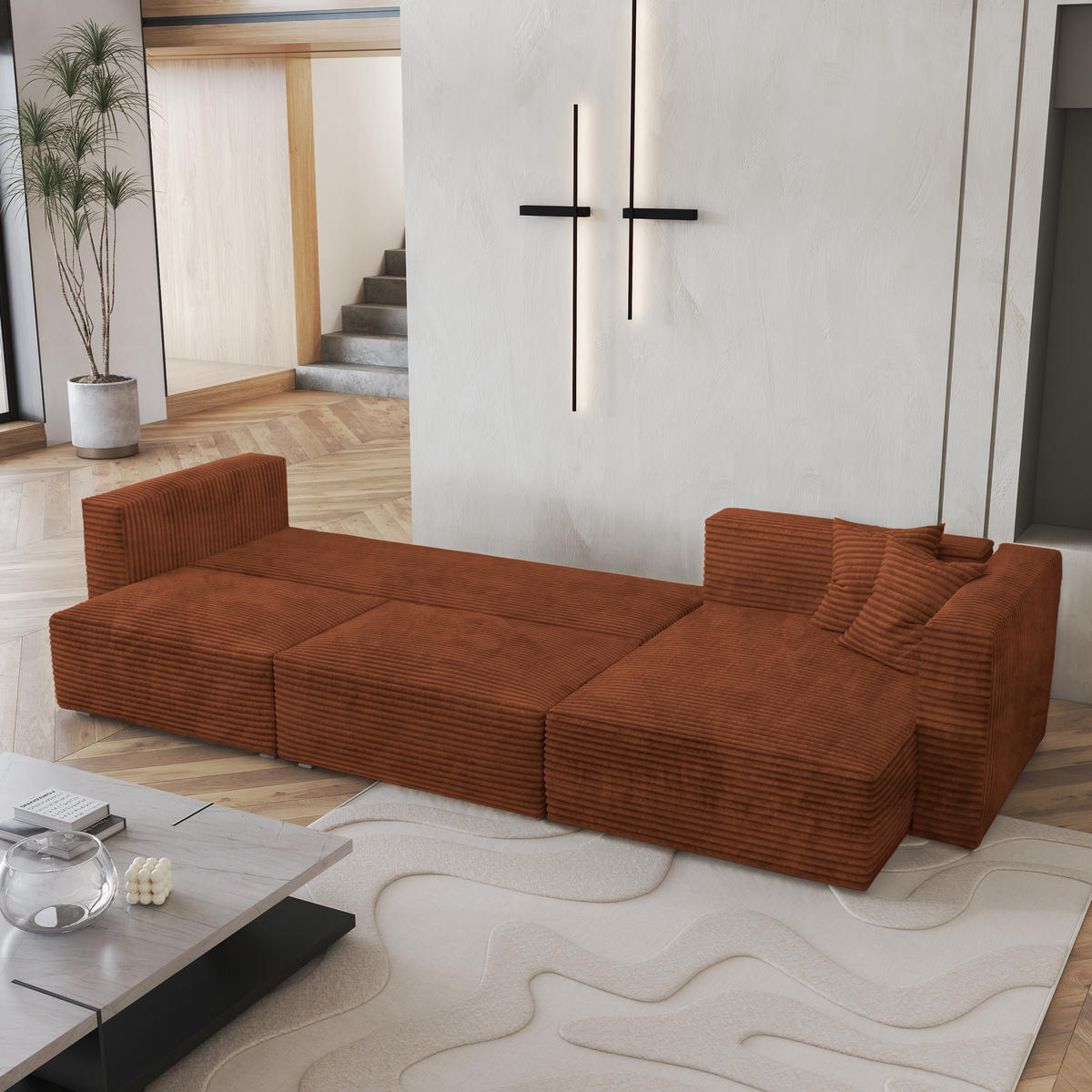 ECKSOFA TOLMO Braun Kordstoff mit Schlaffunktion - Braun, Holz (347/148cm) - MASSENO