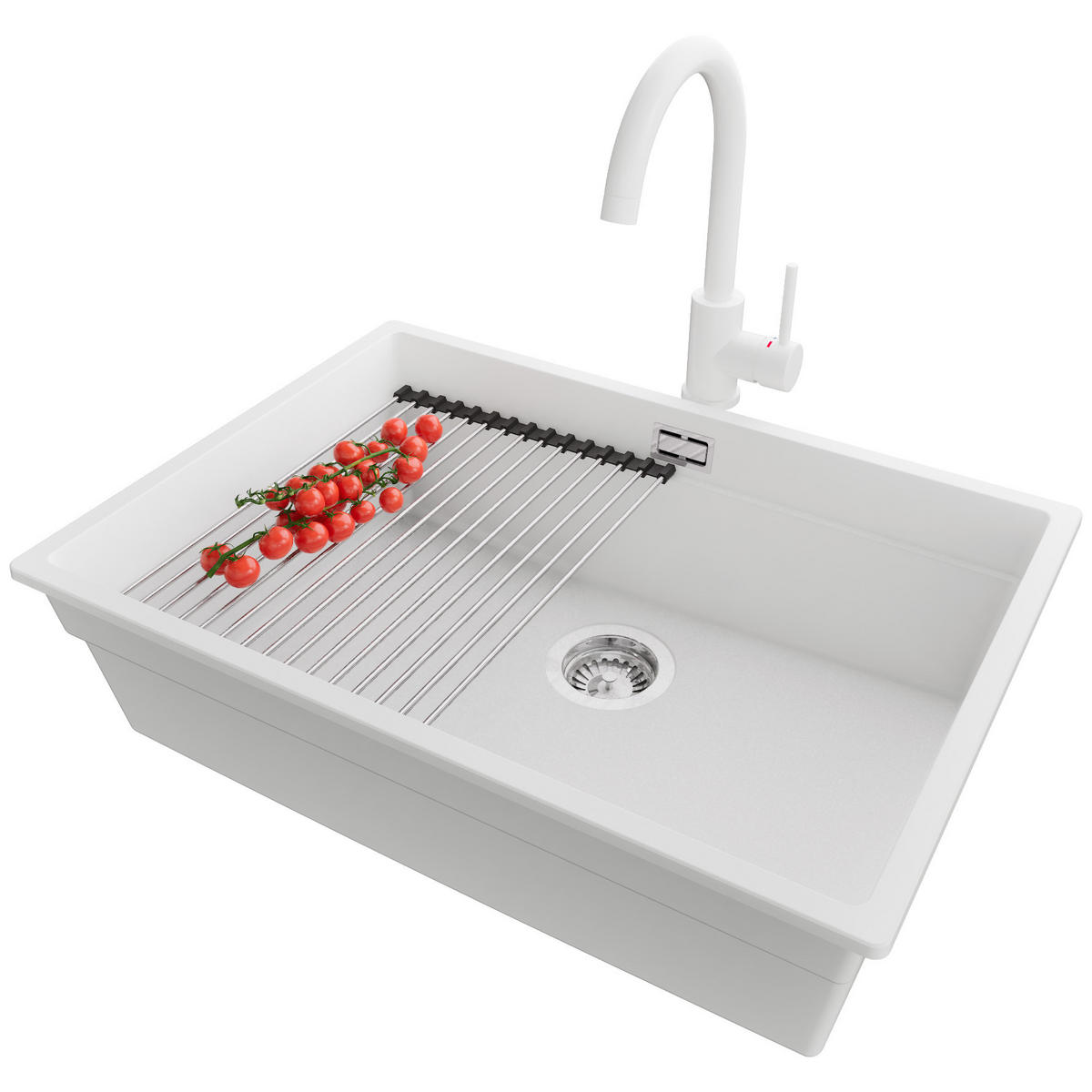 UNTERBAUSPÜLE GRANIT Praga, 2-er set Weiß 66/47 cm 1 Becken + Küchenarmatur 32/20 cm + Ablauf-Set + Aufrollbare Abtropffläche ab 70er Unterschrank - Chromfarben/Weiß, Kunststoff (66/20/47cm) - Primagran