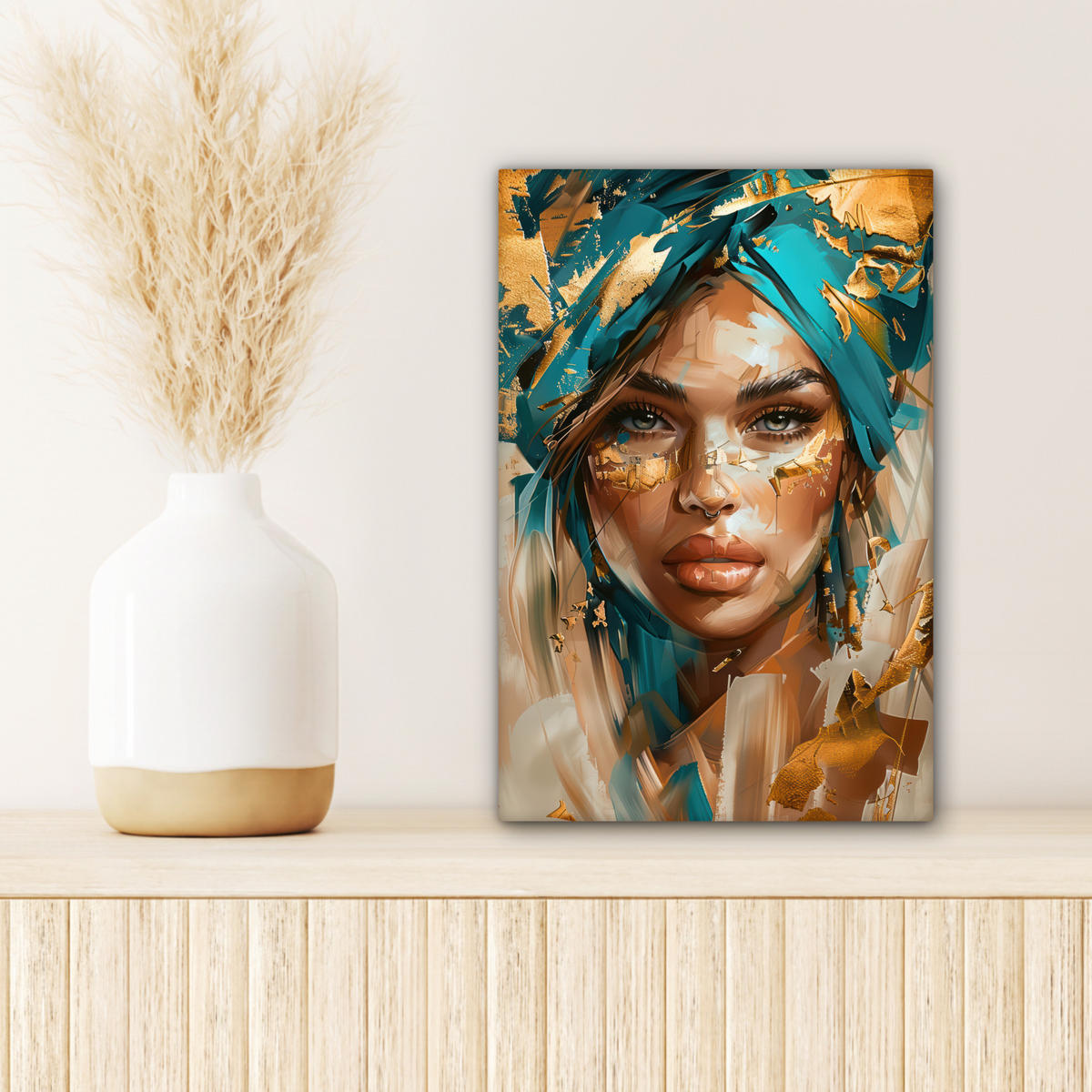 LEINWANDBILD - Frau - Porträt - Gold - Luxus - Blau - 20x30 - Bilder - Türkis, Textil (20/30cm) - MuchoWow