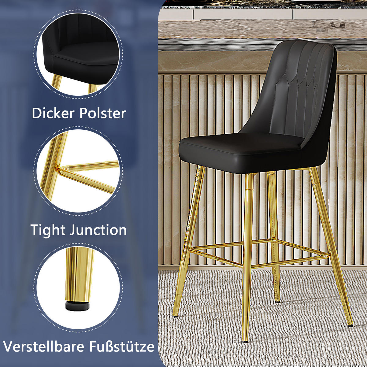 BARHOCKER Schwarz 2er-Set mit PU-Leder und Rückenlehne - Schwarz, Metall (42/100/45cm) - PANGIVO
