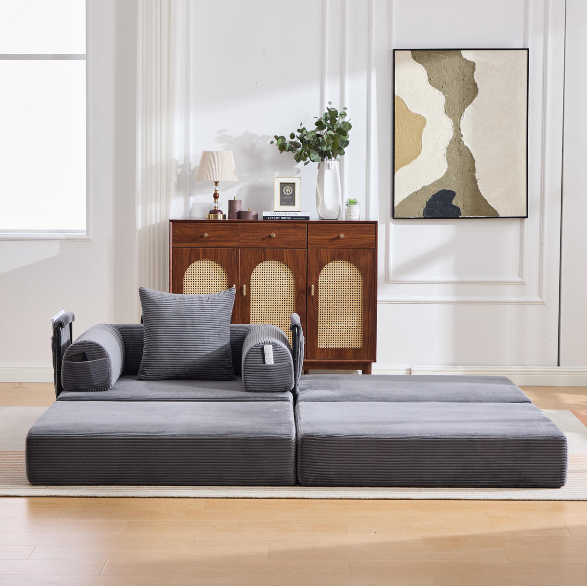 SOFA modular mit Hocker 112 x 190 x 67 cm Corduroy Dark Gray - Dunkelgrau, Kunststoff (190/67/112cm) - Meubliv