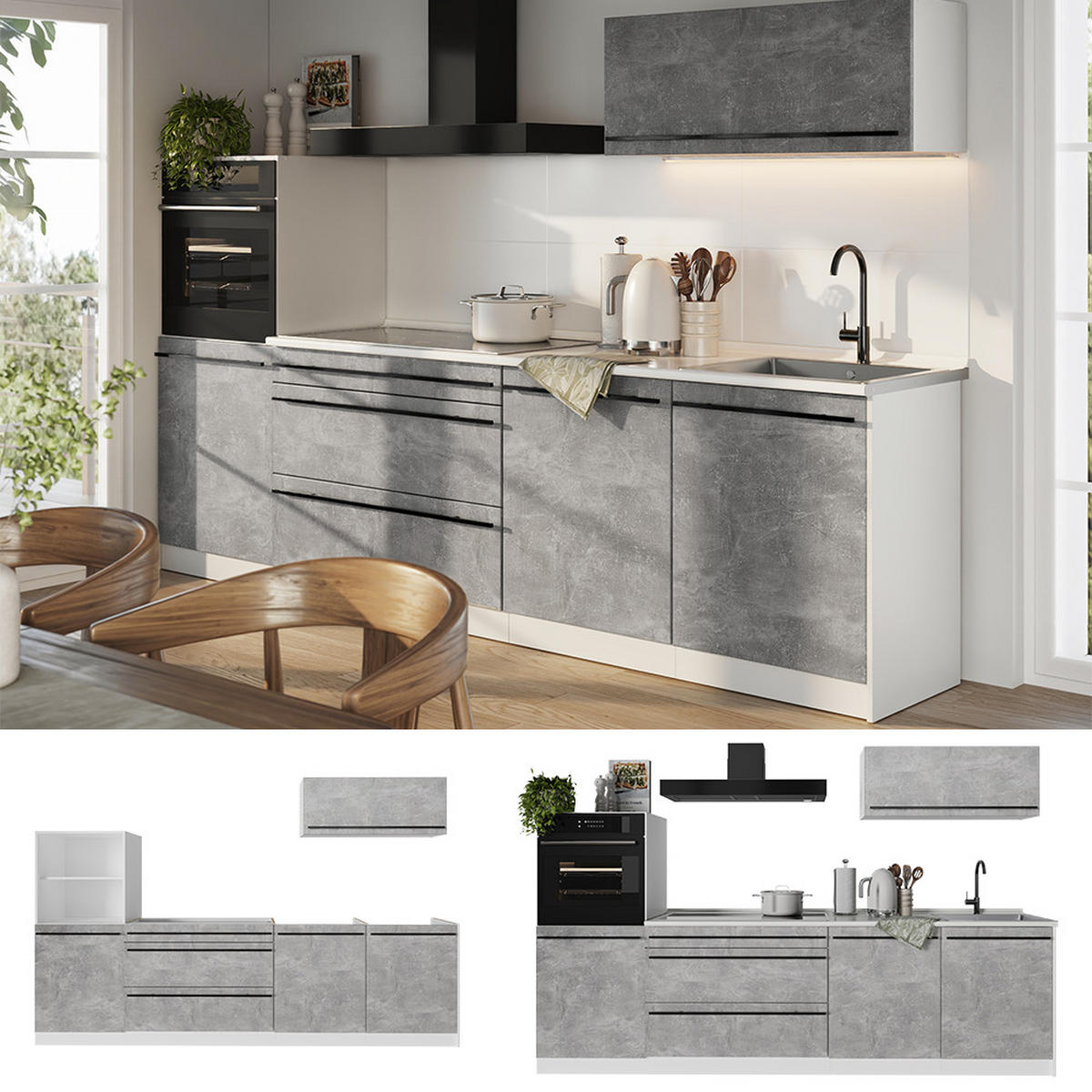 KUCHYNKA R-Line, betón/biely, 280 cm antrasiitti työtaso - sivá/biela, kompozitné drevo (280/143/60cm) - Vicco