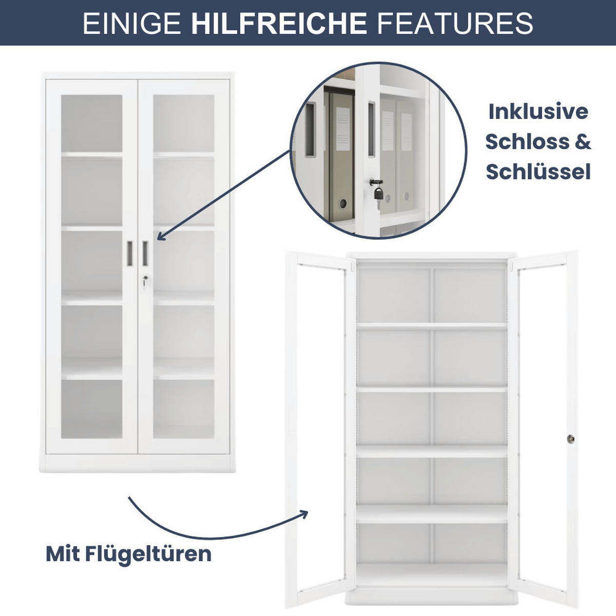 VITRINENSCHRANK abschließbar AMELIA mit Glastüren 185x90x40cm Weiß - Weiß, Metall (90/185/40cm) - Jan Nowak