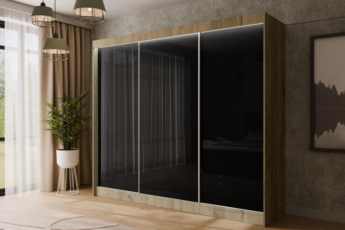 KLEIDERSCHRANK PEKA mit LED - 250 cm - Eichefarben|Schwarz - Eichefarben/Schwarz, Holzwerkstoff (250/215/61cm) - ALTDECOR