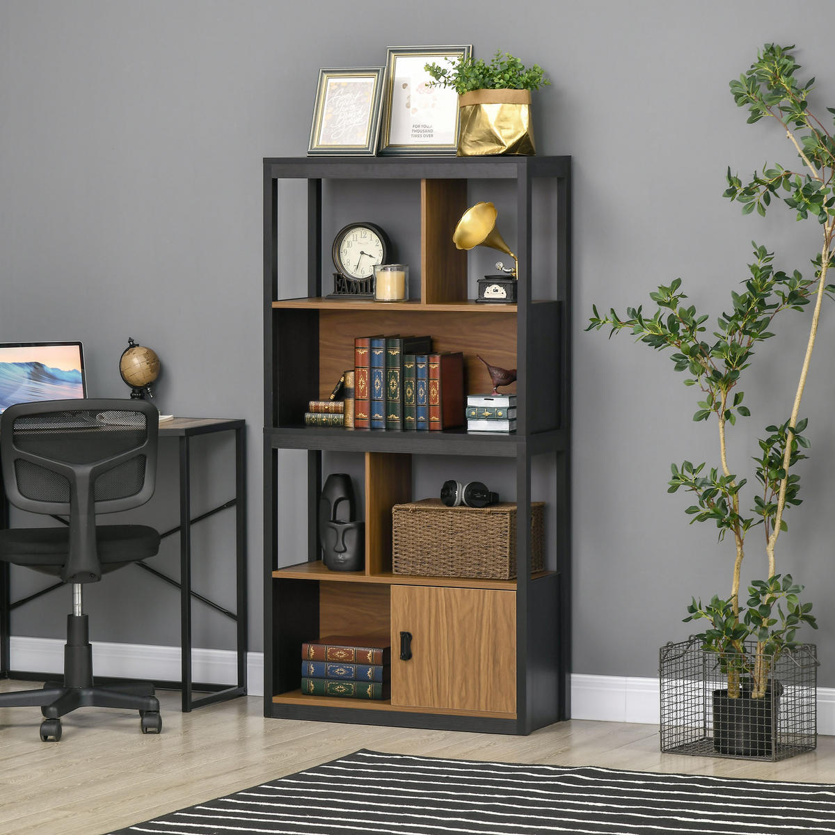 BÜCHERREGAL,OFFEN 4 Ebenen Schrankfach 76,5x30x150cm,braun-schwarz - Schwarz, Holzwerkstoff (76.5/150/30cm) - Vallsero