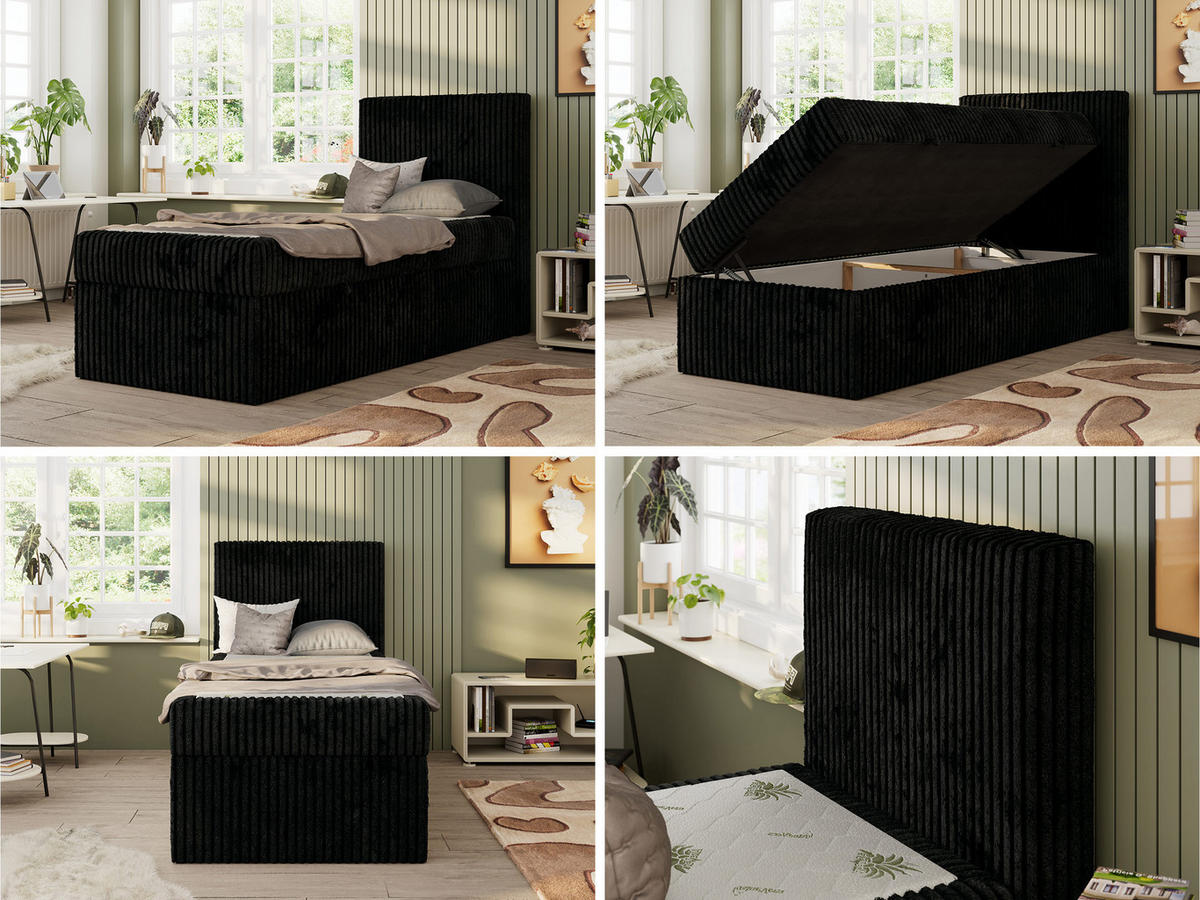 JUGENDBETT TILIO 90/200 - Schwarz - H3 - Rechts Seite - Schwarz, Textil (90/200cm) - MKS
