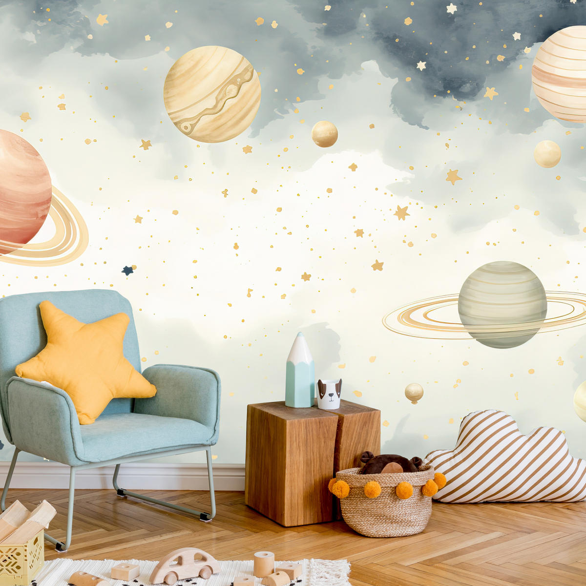 FOTOTAPETE für Kinderzimmer Pastell Planeten Saturn Uran Sterne 150x105 - Blau/Ecru, Papier (150/105cm) - Muralo