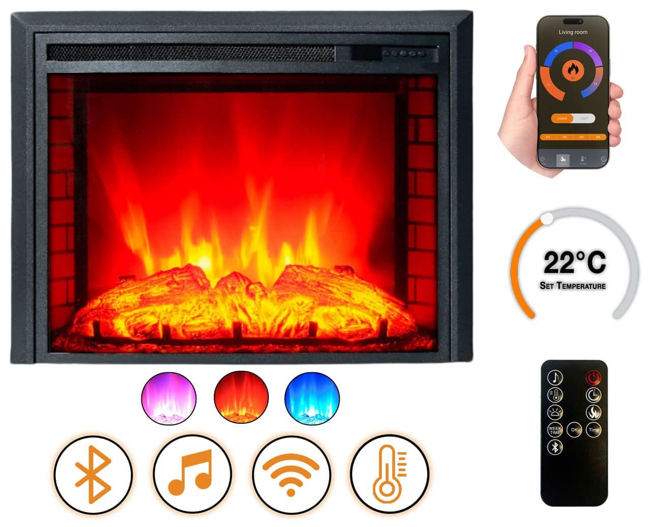 ELEKTROKAMIN 1800 W mit Bluetooth Lautsprecher EF3 - Schwarz, Metall (66/54.2/19.9cm) - dlc home