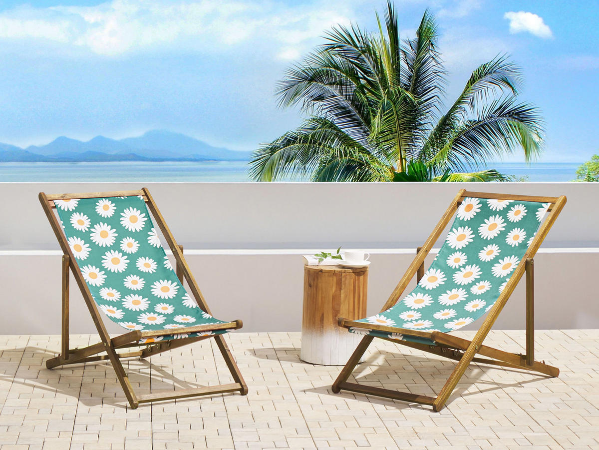 GARTENLIEGE 2er-Set hellbraun Textil weiß/mehrfarbig Kamillemuster Anzio - Türkis/Hellbraun, Textil (54/70/97cm) - Beliani