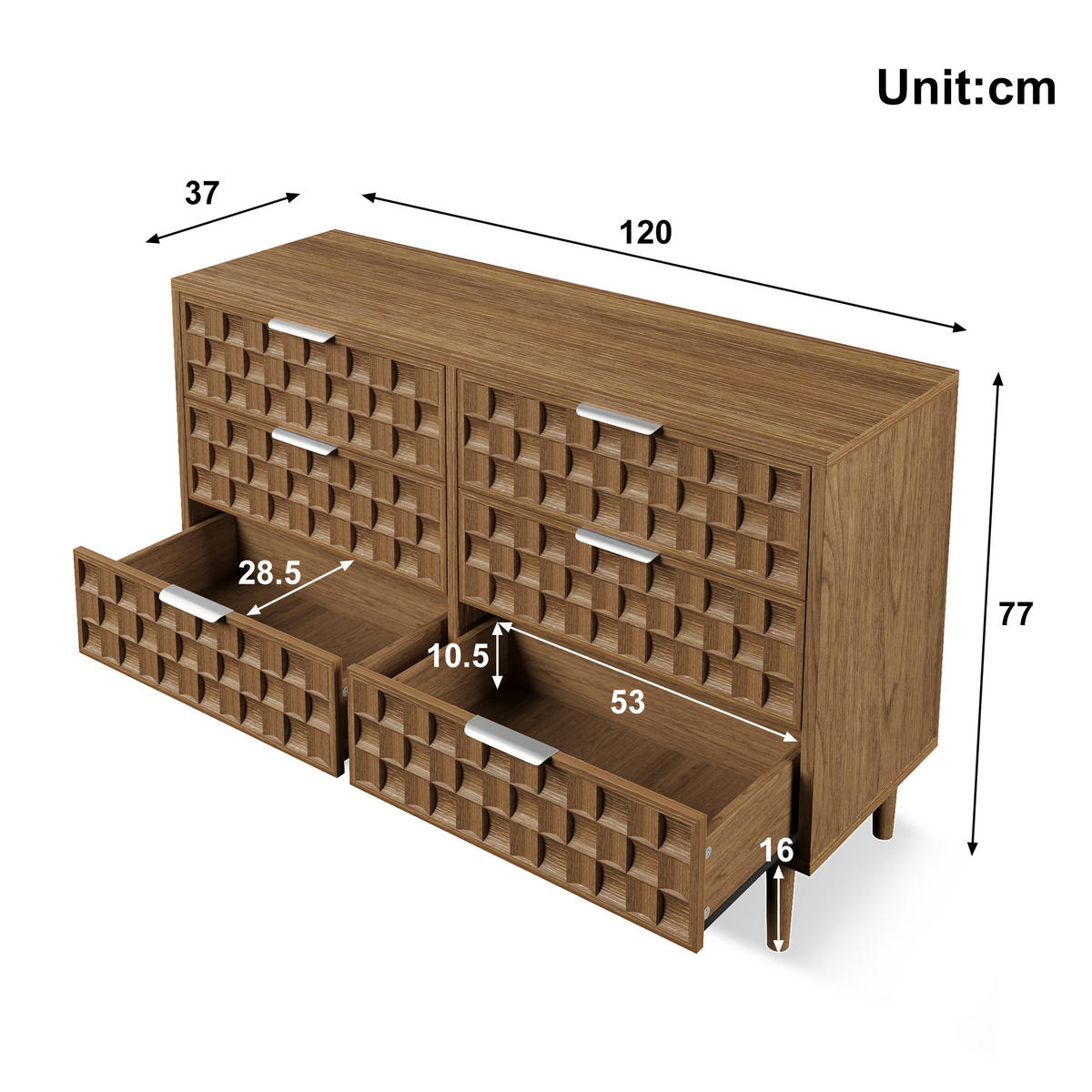 SIDEBOARD Eiche-Optik mit 6 Schubladen & Schokoladenwaffel-Design - Eichefarben, Holzwerkstoff (120/77/37cm) - Urban Meuble
