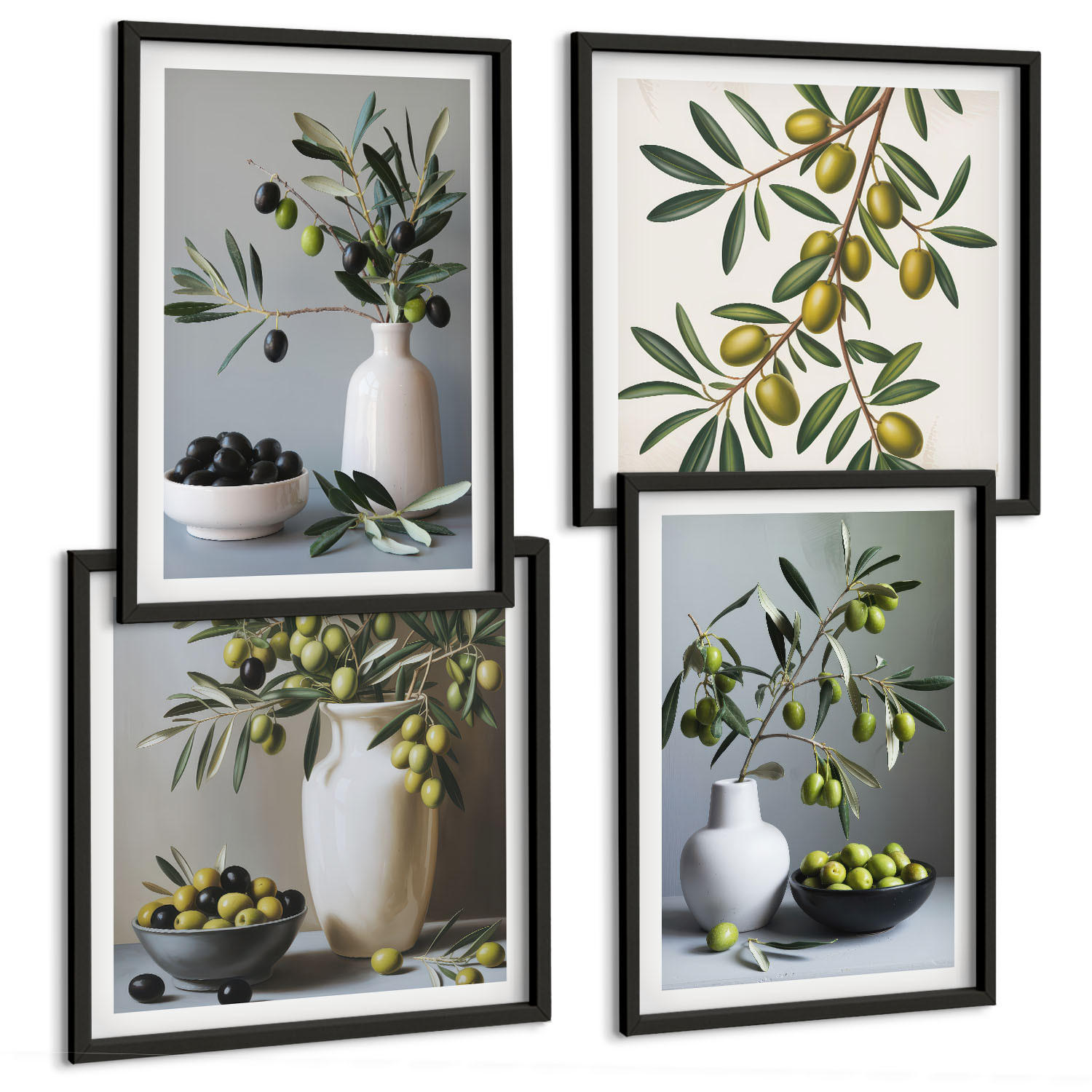 BILDER SET 4er Set - 50x50 cm & 40x60 cm Schwarzer Rahmen - Oliven in Vasen in gedeckten Farben - Schwarz, Kunststoff (50/50cm) - TULUP
