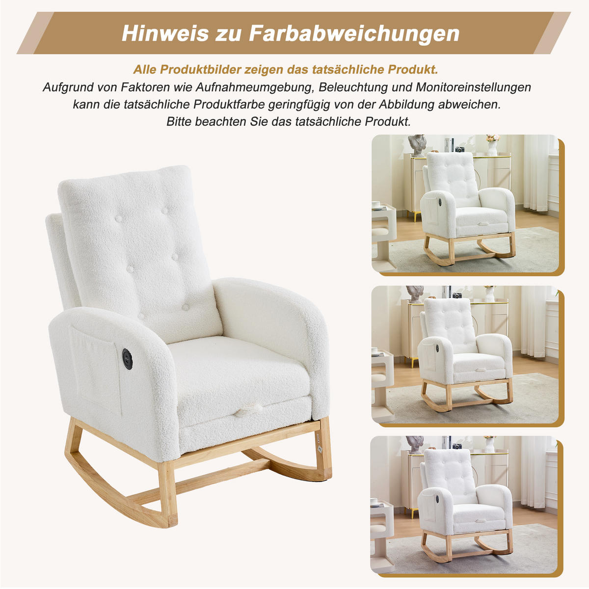 SCHAUKELSTUHL USB Teddy Fleece Fußstütze Weiß Sessel - Weiß, Holz (66.5/102/121.5cm) - FLIEKS
