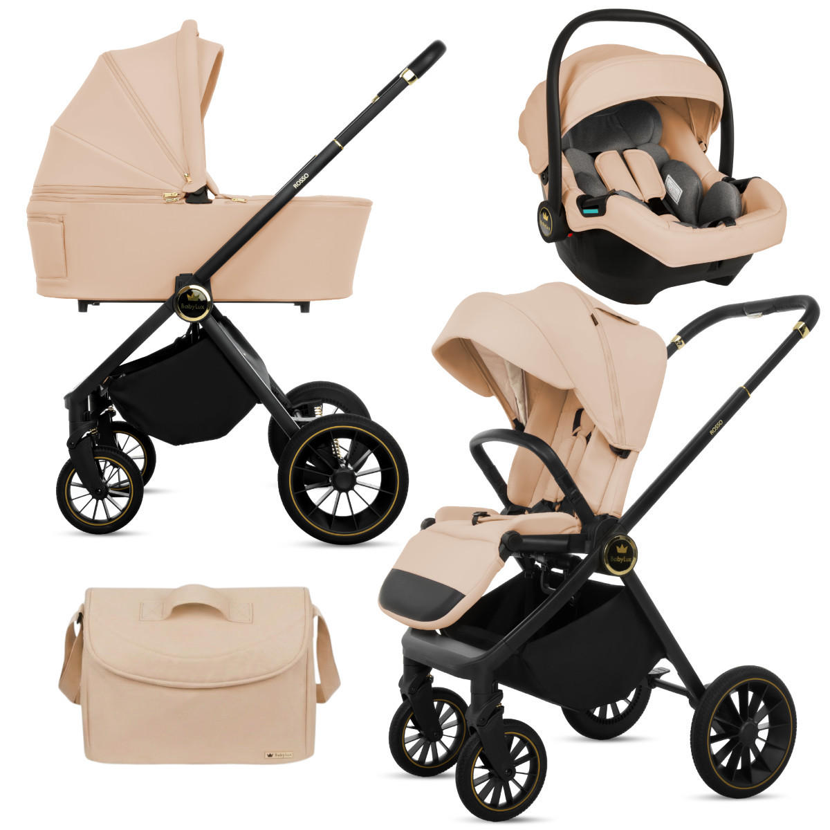 KINDERWAGEN Rosso 3in1 Beige Babywanne, Buggy Sportsitz, Babyschale I-Size - Beige/Schwarz, Textil/Metall (58/99cm) - BabyLux