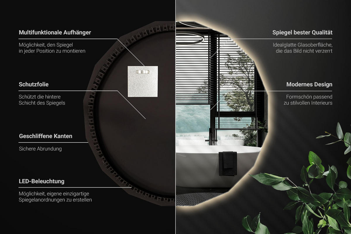 LED-SPIEGEL 50 cm x 50 cm Asymmetrische Form Warmweiß 3000 K - Champagner, Glas (50/50/0.4cm) - Wallfluent