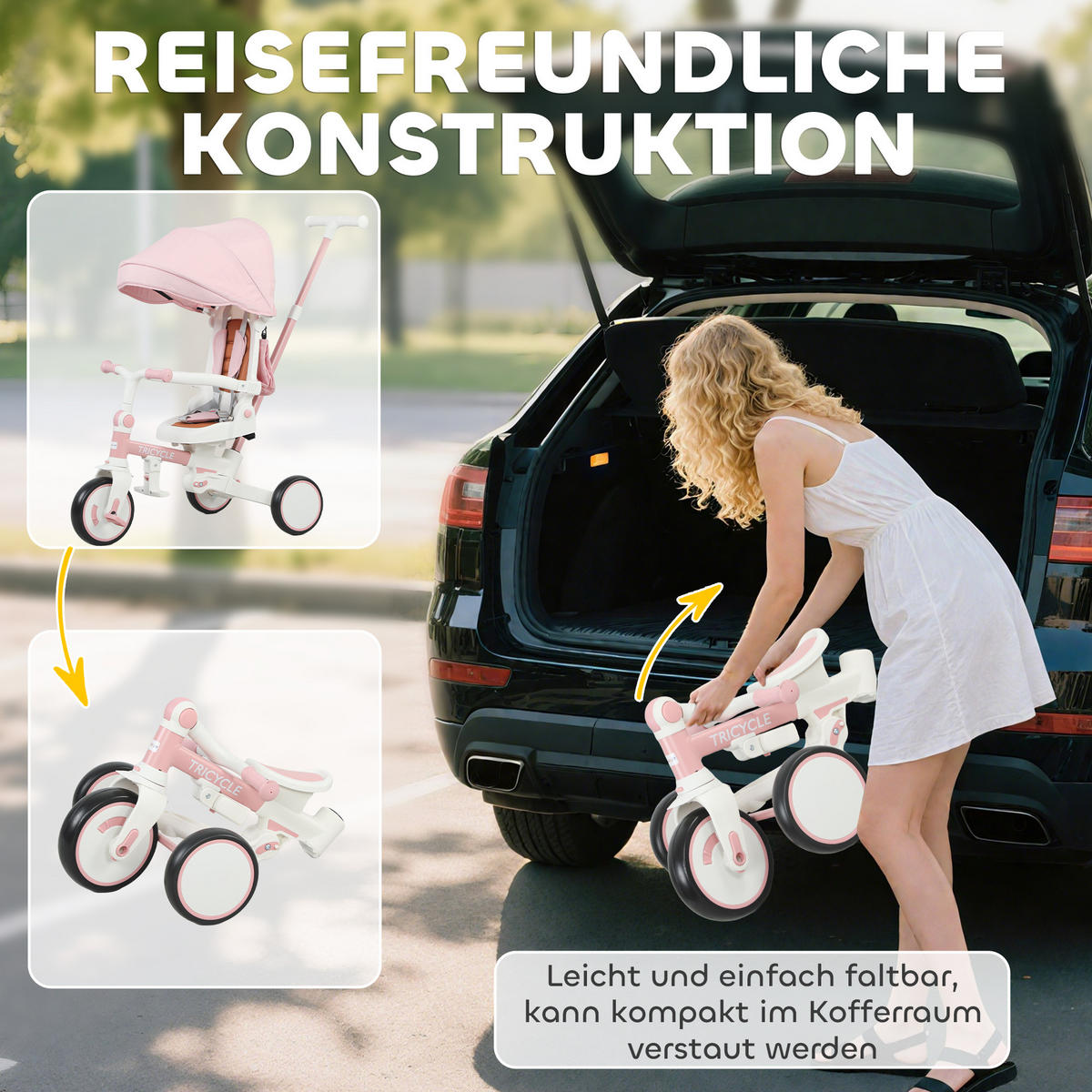 DREIRAD 5-in-1 mit Schubstange für 1-3 Jahre Faltbar mit reversiblem Sitz Rosa - Rosa, Metall (96.5/49/101cm) - AIYAPLAY