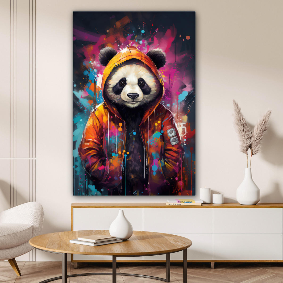 LEINWANDBILD Panda - Jacke - Graffiti - Orange Deko Groß 90x140 cm - Orange, Textil (90/140cm) - MuchoWow
