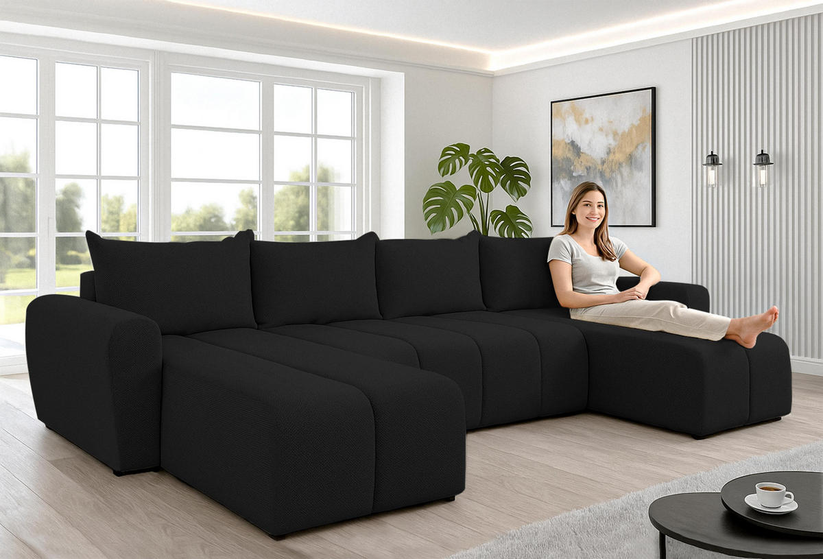 WOHNLANDSCHAFT Ferrande Schwarz 318/149/91 cm mit Bettkasten Schlaffunktion Relaxfunktion - Schwarz, Kunststoff/Textil (318/91/149cm) - AX Living