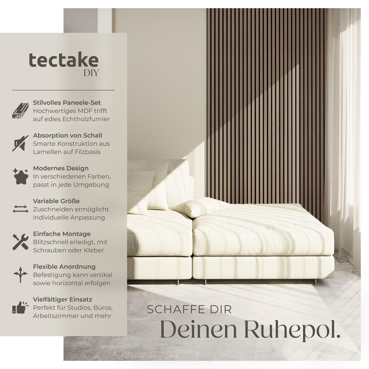 AKUSTIKPANEELE 8er Set Sonic Wall Iv, je 110 x 50 x 1,1 cm, Größe flexibel anpassbar, Eiche dunkel - Wildeiche, Holz (50/1.1/110cm) - tectake
