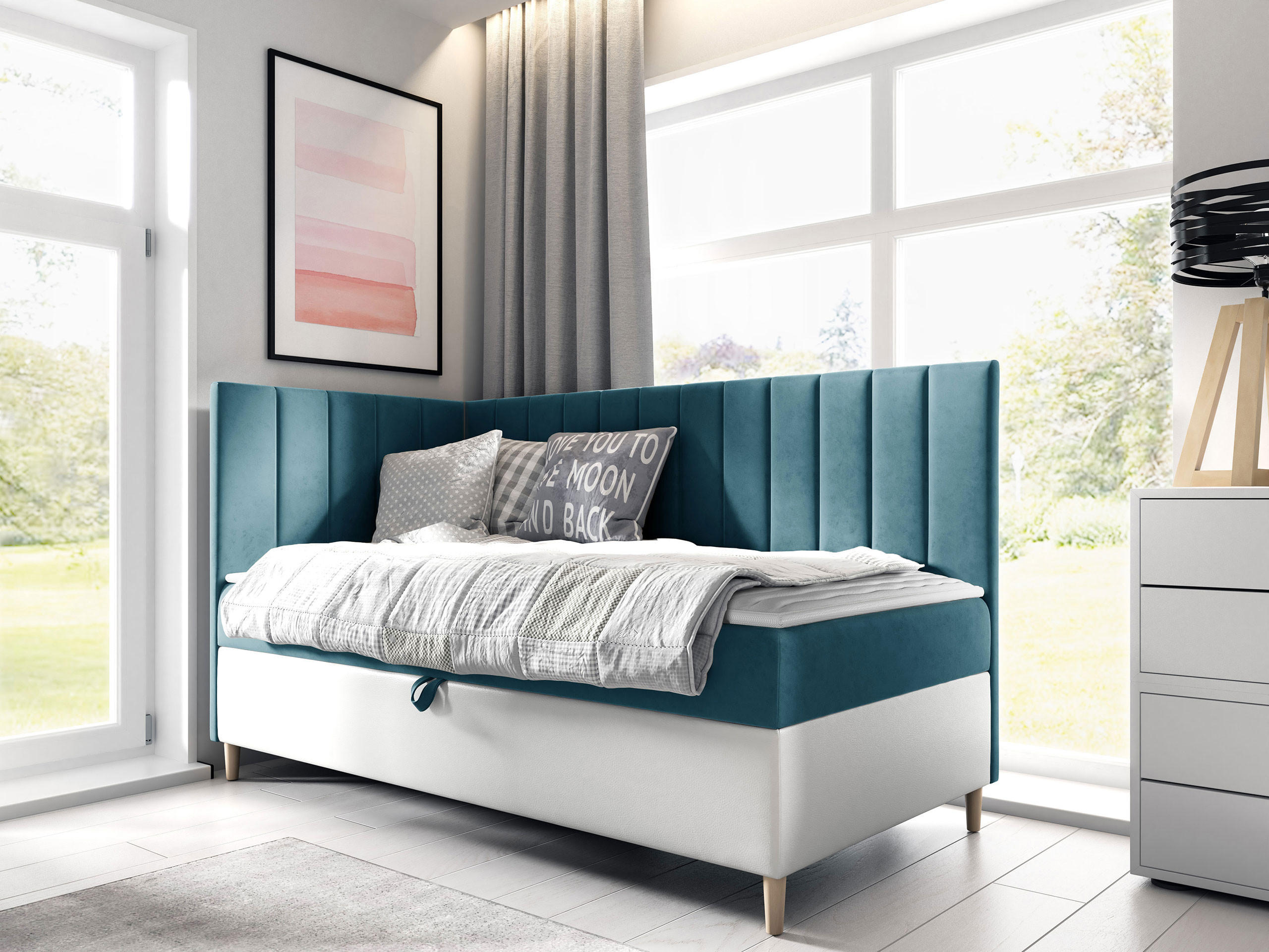 BOXBETT Maja Junior 3, Seite zum Öffnen des Bettkastens: Links - Türkis/Weiß, Holz (90/200cm) - MIRJAN24
