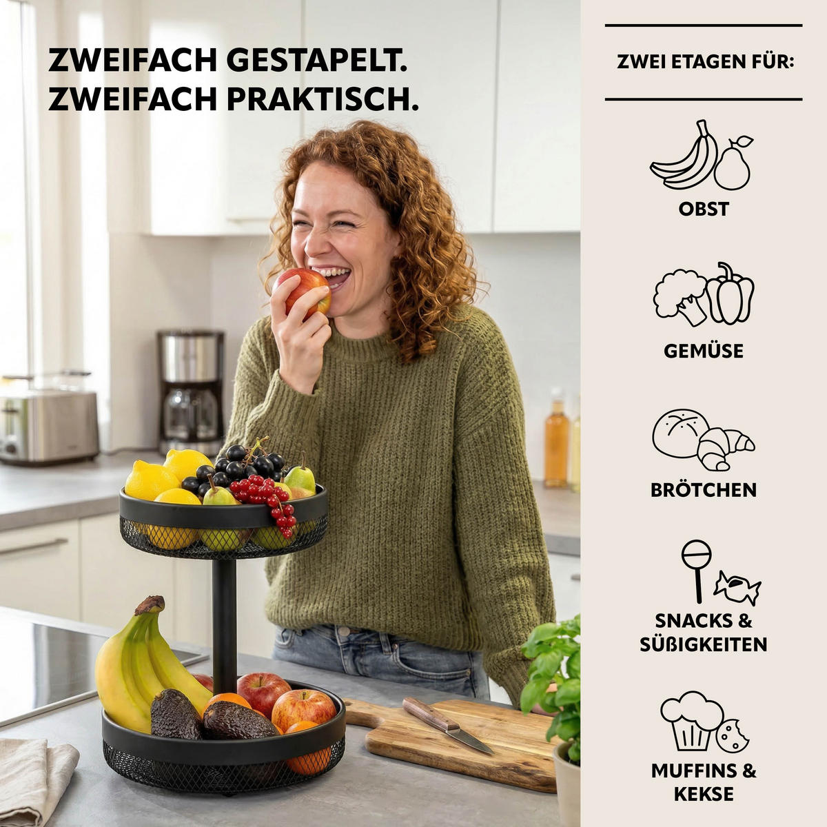 OBSTETAGERE, rund, 2-stöckig, Ø 20 cm und 25 cm, schwarz, Metall - Schwarz, Metall (25/31cm) - eluno