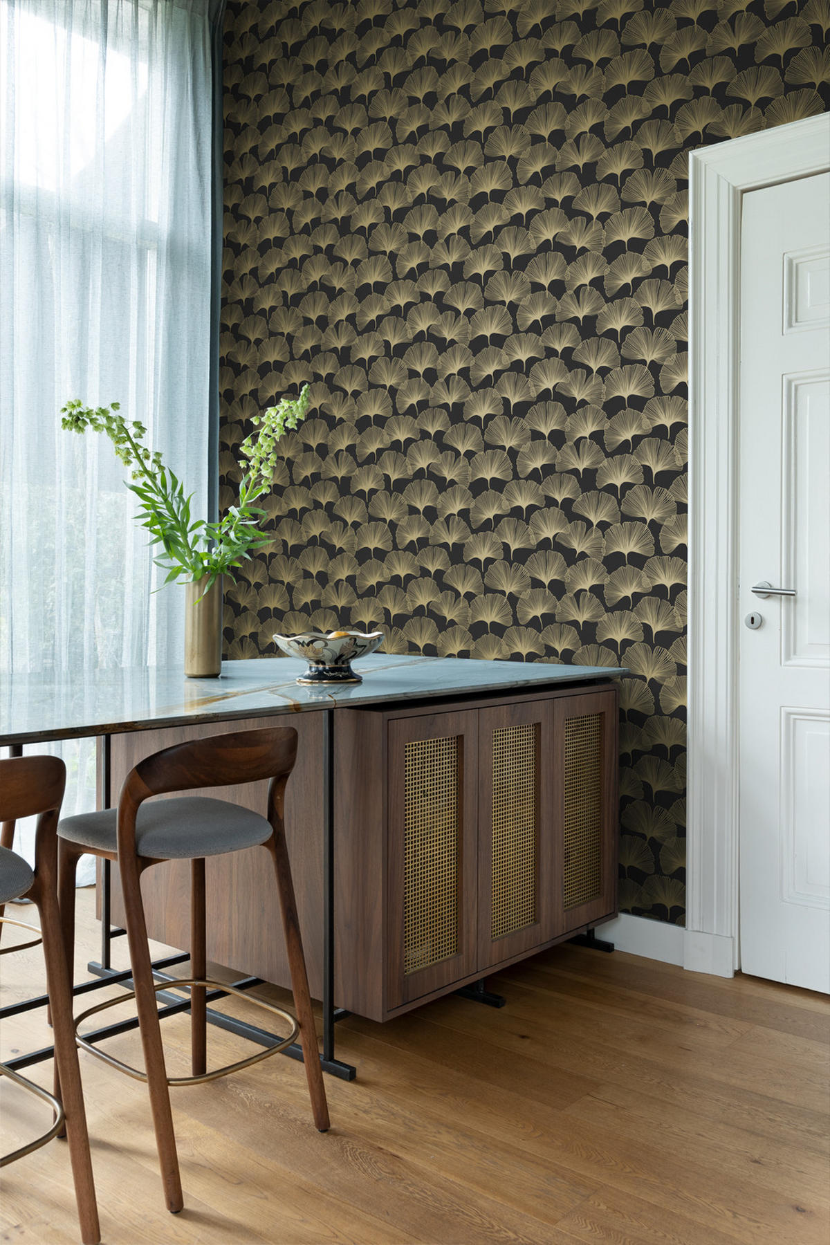 TAPETE Ginkgoblätter 53 cm x 10.05 m - Schwarz, Papier (53/1000cm) - Origin Wallcoverings