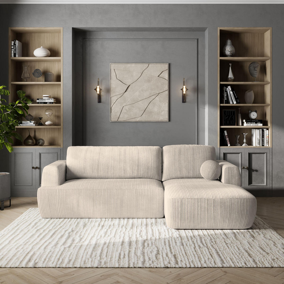 ROHOVÁ SEDAČKA SENTI krémová - černá/krémová, dřevo/textil (246/148cm) - MASSENO