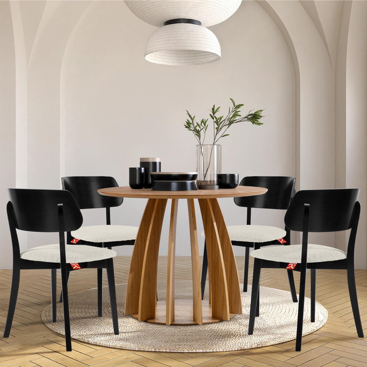 HOLZSTUHL VINIS Esszimmerstuhl, 2-er Set, Bouclé - Schwarz/Weiß, Holz/Textil (47/80.5/45cm) - KONSIMO®