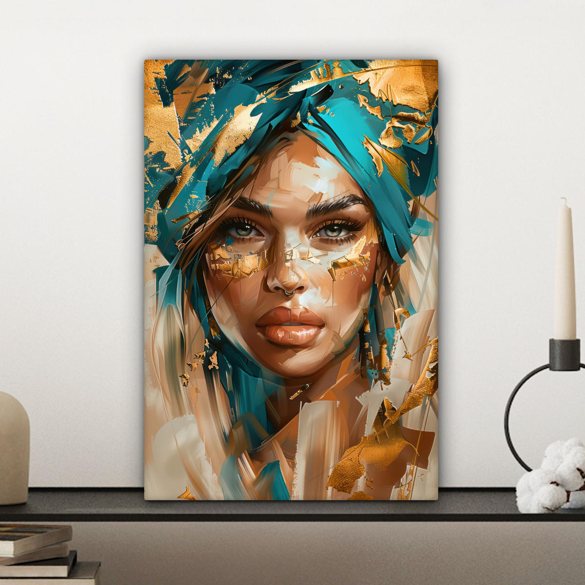 LEINWANDBILD - Frau - Porträt - Gold - Luxus - Blau - 20x30 - Bilder - Türkis, Textil (20/30cm) - MuchoWow