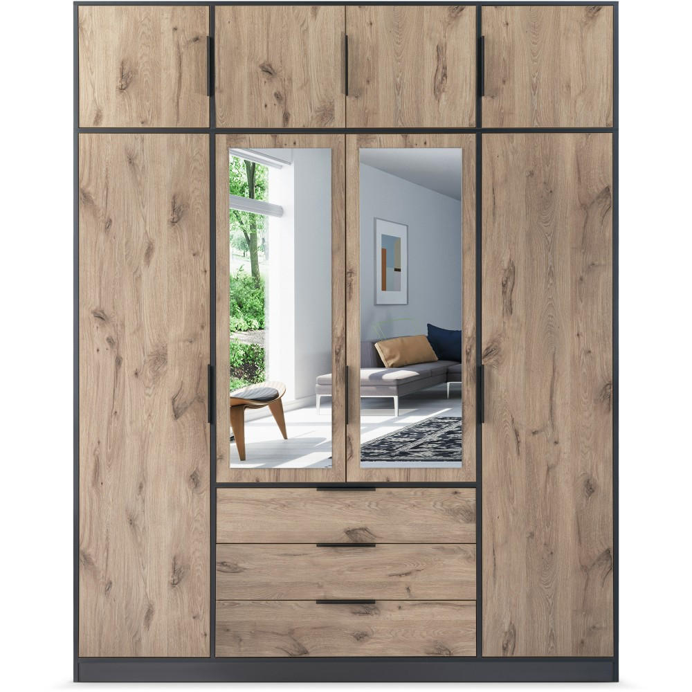 DREHTÜRENSCHRANK Livo mit 4 Türen und 3 Schubladen, mit Schrankaufsatz, eiche Viking+Schwarz, 200 cm - Eichefarben/Schwarz, Holzwerkstoff (200/245/57cm) - Beautysofa