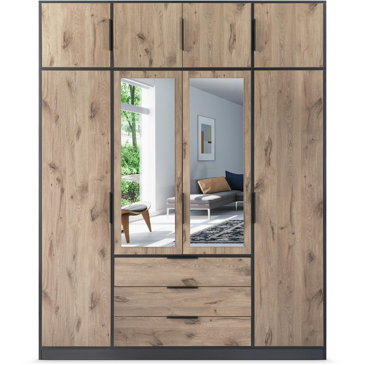 DREHTÜRENSCHRANK Livo mit 4 Türen und 3 Schubladen, mit Schrankaufsatz, eiche Viking+Schwarz, 200 cm - Eichefarben/Schwarz, Holzwerkstoff (200/245/57cm) - Beautysofa