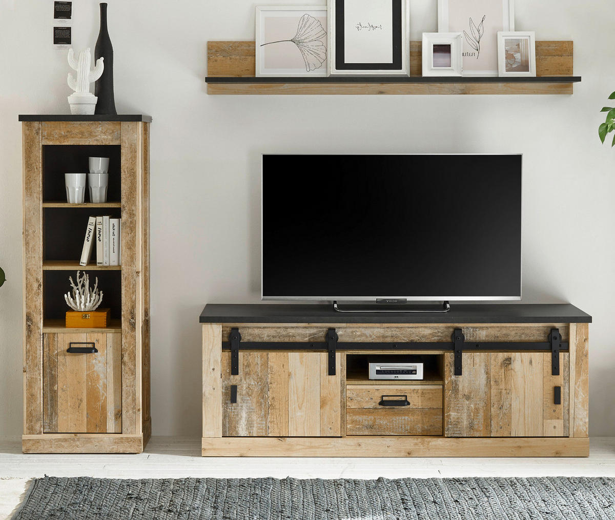 WOHNWAND Used Wood hell, anthrazit 3-teilig 233 cm, Schrankwand mit Soft-Close - Anthrazit/Schwarz, Holzwerkstoff/Metall (233/170/43cm) - Furn.Design