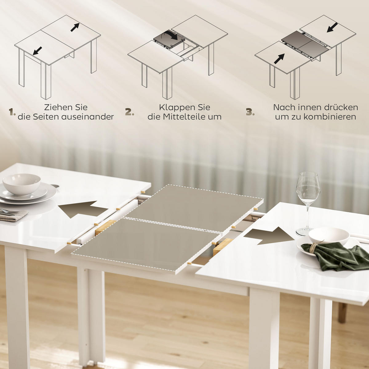 ESSTISCH ausziehbar 120-160 x 80 cm Küchentisch für 4-6 Personen, Hochglanzweiß - Weiß Hochglanz, Holzwerkstoff (160/80/78cm) - HOMCOM