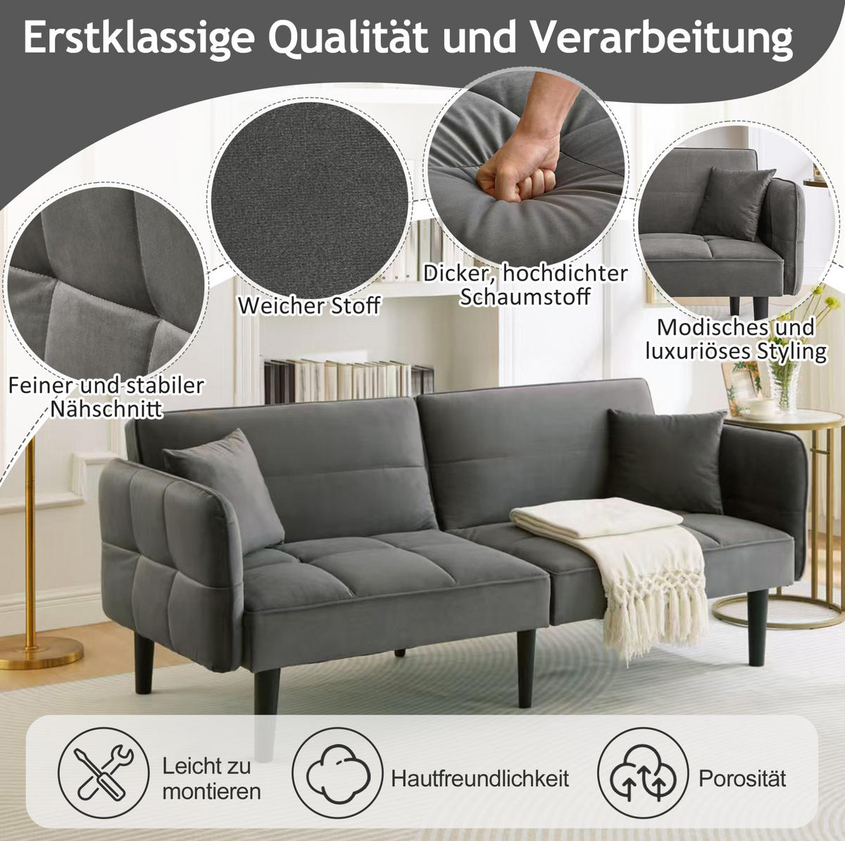 SCHLAFSOFA Samtbezug mit verstellbaren Rückenlehnen und klappbaren Armlehnen Antikgrau 176/78/76 cm - Grau, Textil (78/76/176cm) - Redom