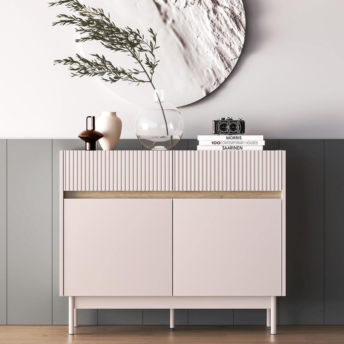 KOMMODE NALIA, Creme/Eiche - Eichefarben/Creme, Holzwerkstoff/Metall (104/85/40cm) - KONSIMO®