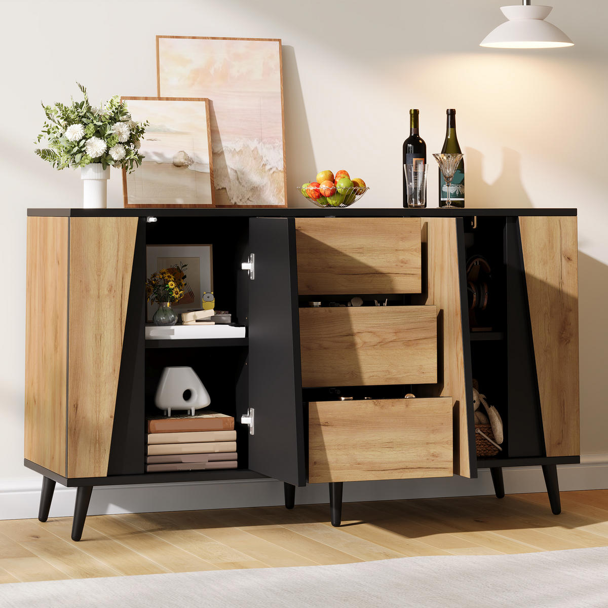 SIDEBOARD AUFBEWAHRUNGSSCHRANK Naturholz & Schwarz 2 Türen 3 Schubladen 120cm - Naturfarben, Holzwerkstoff (120/70/40cm) - Urban Meuble