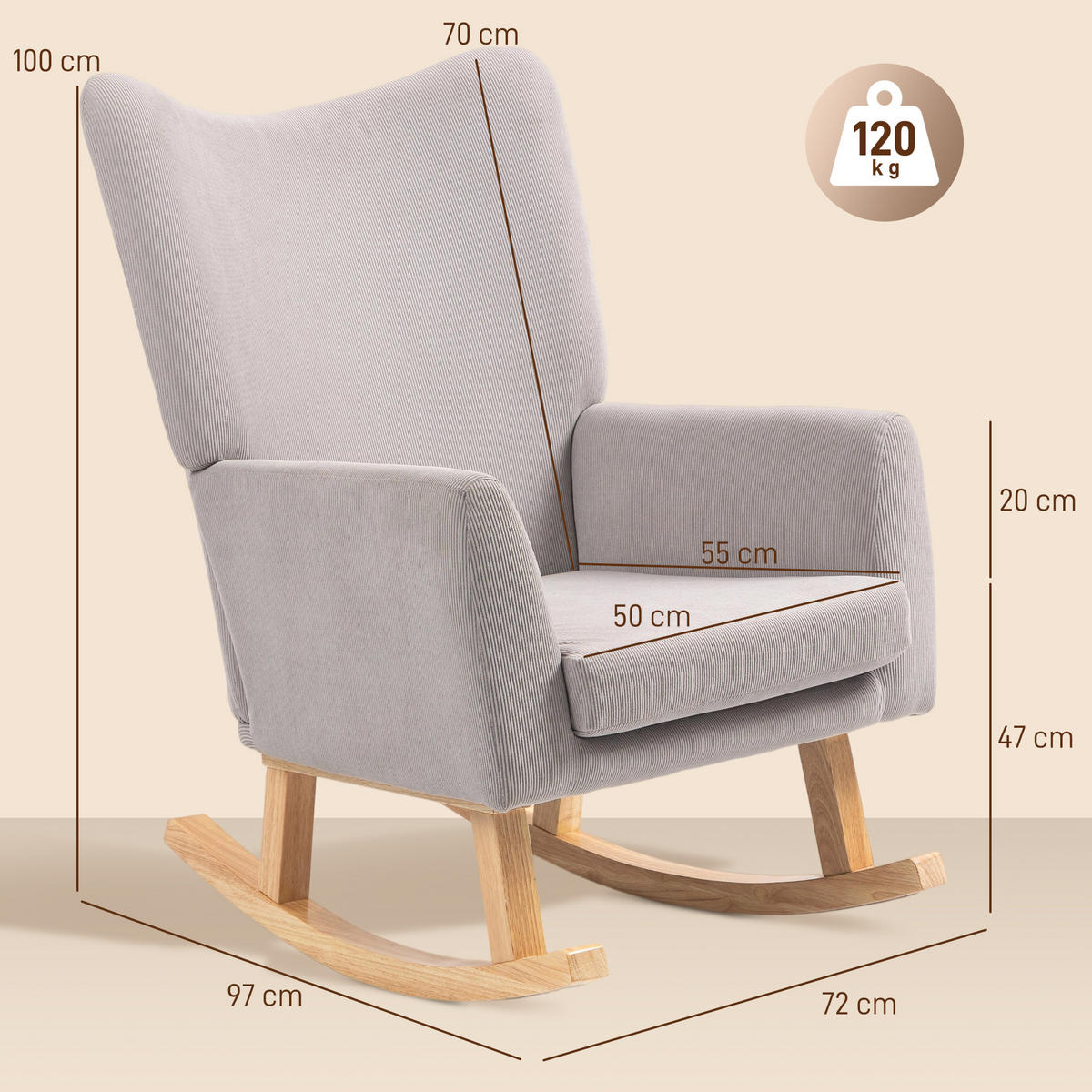 SCHAUKELSTUHL Schaukelsessel mit hoher Rückenlehne, Cord-Optik für Wohnzimmer - Hellgrau, Kunststoff (72/100/97cm) - HOMCOM