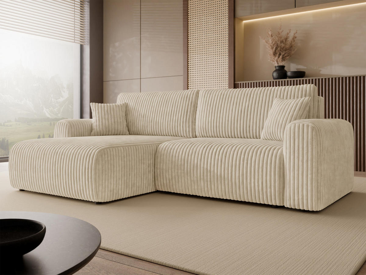 ECKSCHLAFSOFA Floryn L Cord Bis - Beige/Schwarz, Holz/Kunststoff (245/145cm) - MIRJAN24
